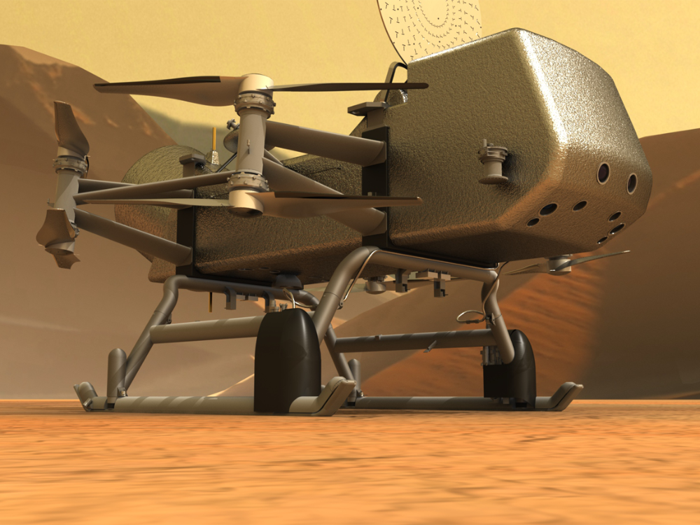 Artist depiction of the Dragonfly octocopter on the surface of Mars