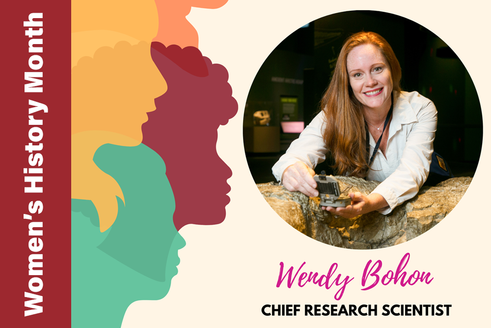 Image of Wendy Bohom with her name and her title, Chief Research Scientist, underneath. The words Women's History Month appear going up the left side of the image frame 