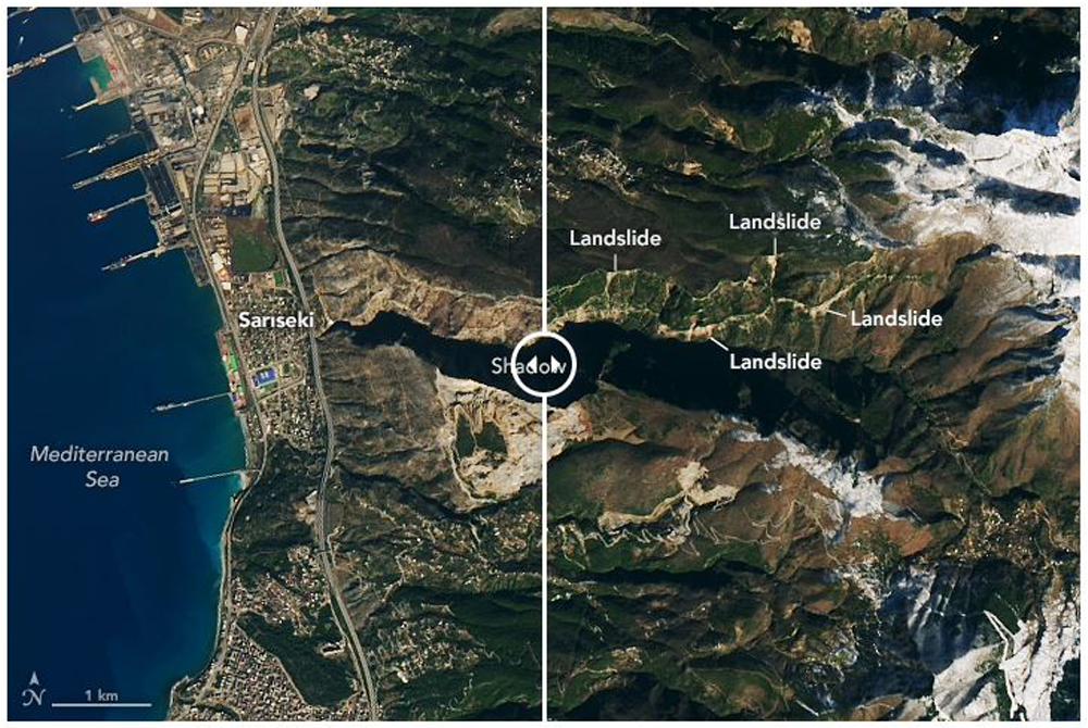Slider image from the Earth Observatory Website showing the differences in the landscape between Feb 11, 2022 and Feb 14, 2023.
