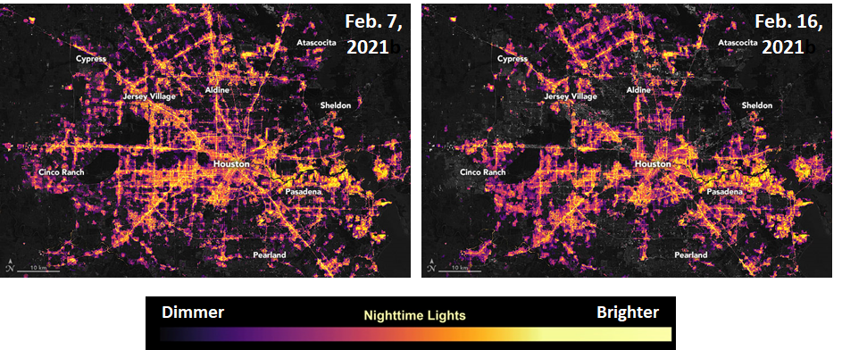 In mid-February 2021, a potent arctic weather system that brought extreme cold and several snow and ice storms to the US left millions of people without power. Feb 7 image – Houston, Texas area before the storm - fully powered;  Feb 16 image - Houston, Texas area after the storm – with large scale blackouts