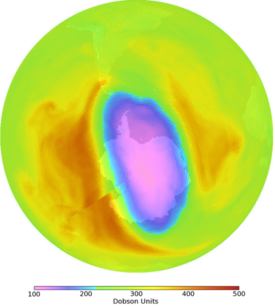 Ozone measurements taken by Suomi-NPP OMPS in Oct 2020. The ozone hole is represented by the blue and purple colors.