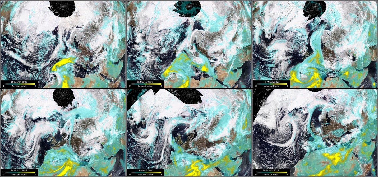 The movement of the DIBS storm as seen by the Aerosol Index from the Ozone Mapping and Profiler Suite (OMPS) sensor onboard the NOAA 20 satellite.  In this sequence of images, the AI was overlaid on RGB imagery from the Visible Infrared Imaging Suite (VIIRS) sensor also onboard the NOAA 20 satellite.  